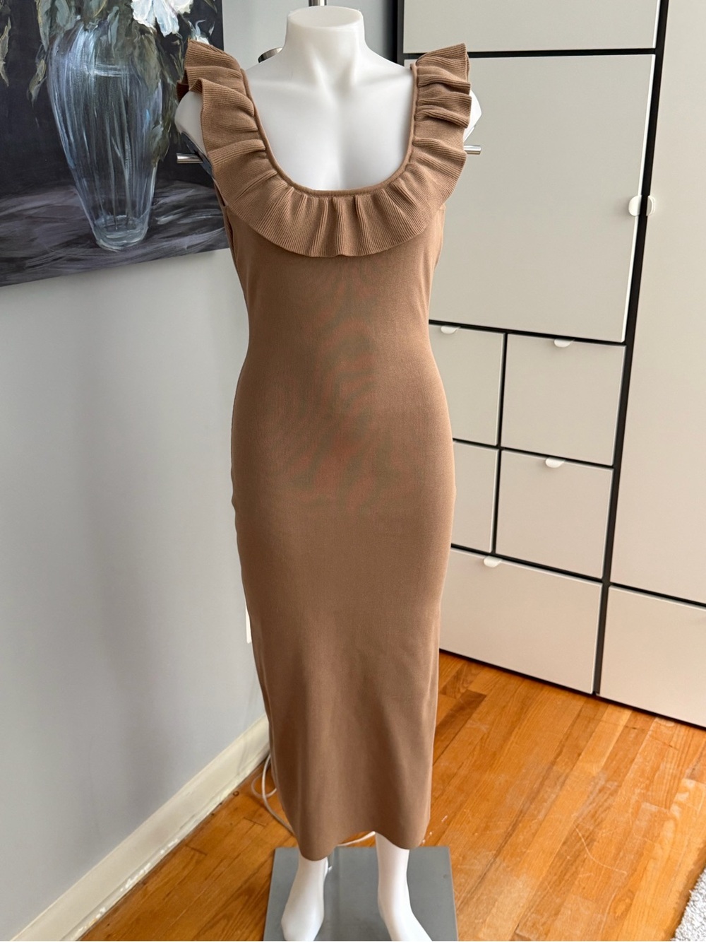 Endless Rose Camel Ruffle Scoop-Neck Midi Dress